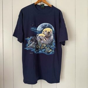 Vintage 1996 Habitat Otters Shirt Navy Blue Adult Size XL Single Stitch Nature